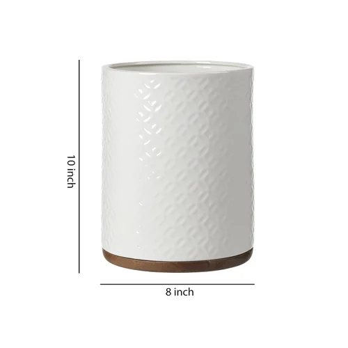 Vista 6 de Papelera decorativa de cerámica con base de madera (blanco y beige)