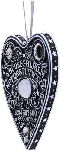 Vista 2 de Nemesis Now Spirit Board - Adorno colgante de planchette de 3.3 in, resina, negro, adorno colgante de tablero espirituoso, decoración festiva