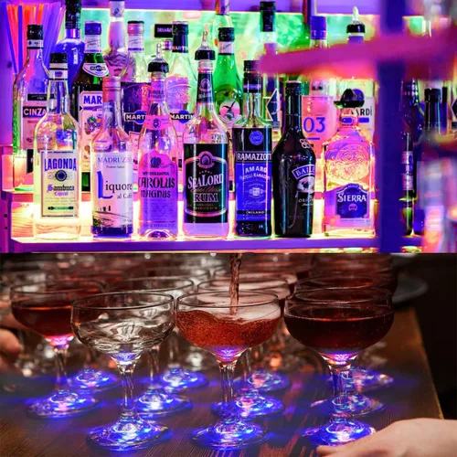 Vista 4 de 12 posavasos LED para bebidas, botella de posavasos de barra LED, etiqueta Posavasos para botellas de licor perfecto para fiestas, bodas, bar Azul