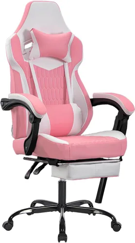 Vista 12 de Silla ergonómica de cuero para juegos con reposapiés, cómoda silla de juegos beige con cómodo reposacabezas y soporte lumbar para adultos, niños