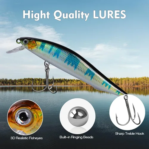 Vista 3 de Fishing Lure Kit, Bass Fishing Lures with Lifelike 3D Eyes, Slow-Sinking Lures, Surf Fishing Striper Bass Lures, Saltwater and Freshwater Fishing