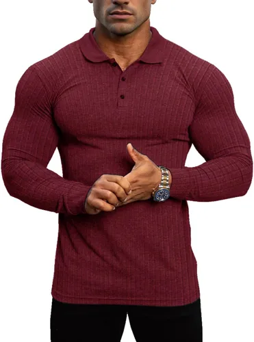 Vista 7 de Lehmanlin Men's Long Sleeve Polo Shirt Muscle Fit Cotton Top A-negro/Largo