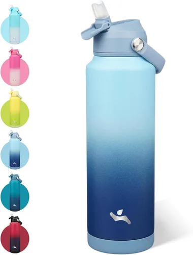 Vista 11 de Konokyo - Botella de agua deportiva aislada de acero inoxidable de 18 onzas con tapa con popote Black; BPA-free, leak-proof sports bottle with