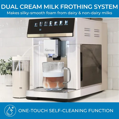 Vista 6 de Kenmore Cafetera de Café Completamente Automática - con Molinillo, Espumador de Leche y Vaporizador, Tamper Automático, Máquina de Espresso Blanco