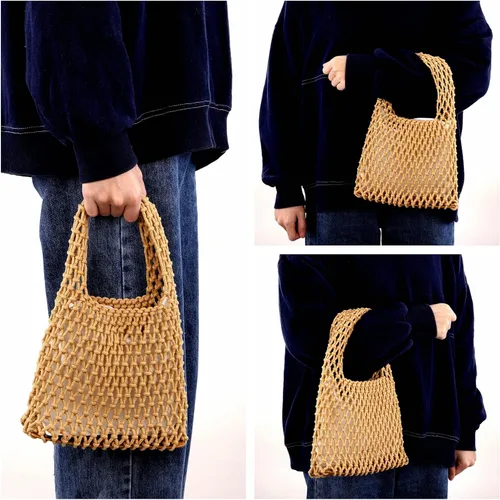 Vista 2 de Ayliss Mini bolso de mano para mujer, de algodón, ganchillo, asa superior, cordón para playa, tejido de red, bolsa de red de pesca