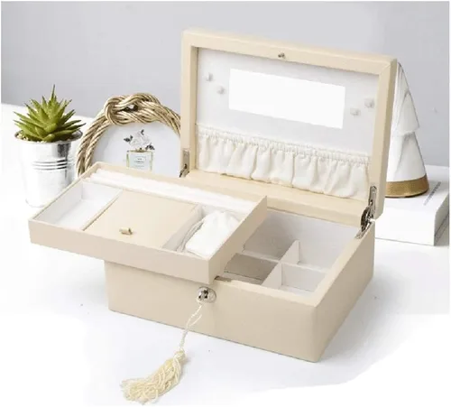 Vista 7 de Joyero, joyero, organizador de joyería, joyero, joyero, joyero, organizador de cuero, caja de joyería con cerradura, espejo de 2 capas, vitrina