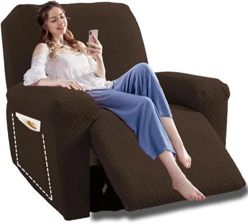 Vista 50 de YEMYHOM Funda elástica de 4 piezas para silla reclinable de jacquard con bolsillo lateral, antideslizante, ajustable, protector de muebles con parte