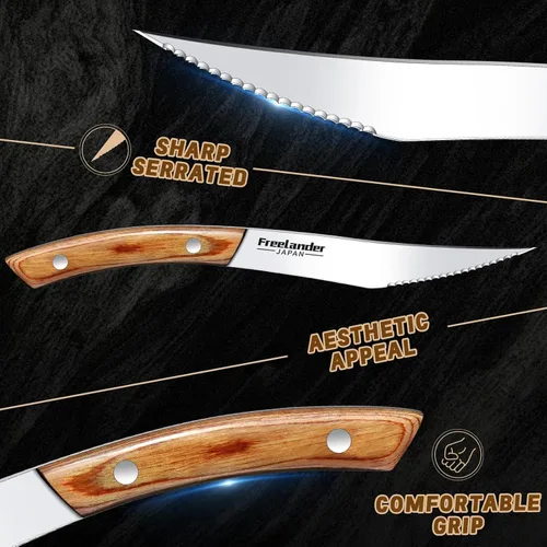 Vista 2 de Freelander Juego de 4 cuchillos para pizza con cuchillas afiladas de acero inoxidable, diseño forjado de espiga completa, mango ergonómico