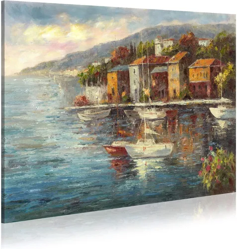 Vista 10 de Pintura de Italia lienzo al óleo arte de la pared: arte mediterráneo de paisaje urbano italiano, imagen de mar italiano, decoración moderna