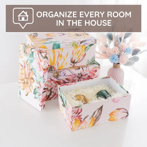 Vista 7 de Soul & Lane Cajas de almacenamiento de cartón decorativas con tapas para decoración y organización del hogar, juego de 3 cajas grandes de recuerdo