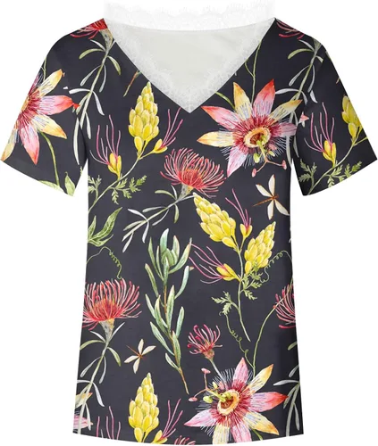 Vista 4 de Spring Beautiful Short Sleeve Blouse Lady Office Extra Long Thin Deep V Neck Fit Geometric Lightweight Shirts