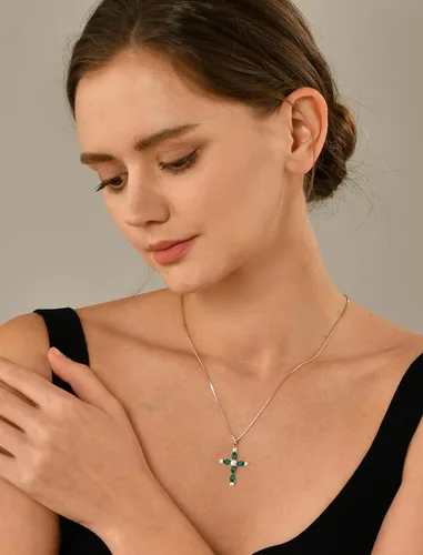 Vista 174 de YL Collar de cruz de plata de ley 925 con colgante de piedra natal religiosa para mujer