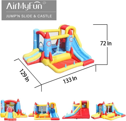 Vista 8 de AirMyFun Casa inflable para saltar, castillo hinchable con soplador de aire, casa de juegos con piscina de bolas, tobogán inflable para niños