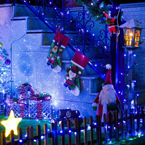 Vista 7 de JMEXSUSS 250 luces LED azules de Navidad: cadena de luces azules extensibles de 91.5 pies para interiores y exteriores, impermeable, con 8 modos