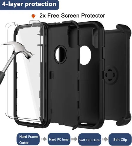 Vista 3 de Funda para iPhone X, iPhone Xs con funda de clip para cinturón, 2 protectores de pantalla, grado militar, a prueba de golpes, resistente, a prueba
