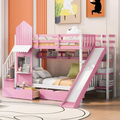 Vista 13 de Cama de Casa Tamaño Twin con Elegantes Ventanas y Estantería, Marco de Litera con Diseño de Castillo de Madera con Barandillas de Seguridad