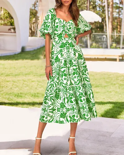 Vista 6 de BTFBM Vestidos de verano para mujer, estilo casual, fluido, para playa, cuello cuadrado, manga corta, espalda fruncida, bohemio, floral, largo