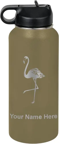 Vista 24 de LaserGram Botella de agua personalizada, flamenco, acero inoxidable de doble pared aislada al vacío con popote superior, regalo grabado