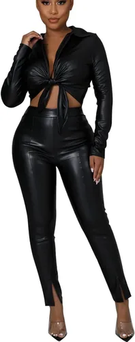 Vista 2 de Womens Sexy Faux Leather High Waist Split Hem Flare Leg Pants Trousers