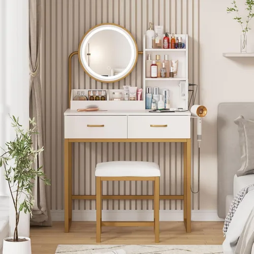Vista 10 de Vabches Tocador de maquillaje con espejo redondo y luces, mesa de maquillaje blanca con estación de carga, mesa de tocador pequeña para dormitorio