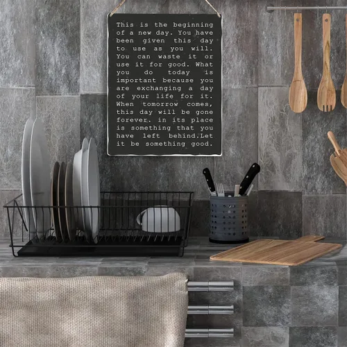 Vista 4 de Arte de pared inspirador motivacional con texto en inglés "This Is The Beginning Of A New Day" de madera, letrero colgante positivo, decoración