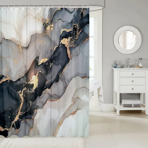 Vista 2 de Cortina de ducha de baño de mármol, cortina de ducha de tela gris y blanca con ganchos, arte único estampado de teñido anudado 3D, accesorios