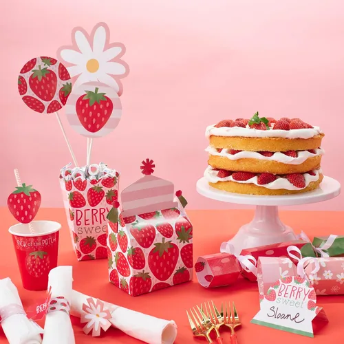 Vista 3 de Big Dot of Happiness Berry Sweet Strawberry - Caja de golosinas para fiestas de cumpleaños con temática de frutas o baby shower, cajas a dos aguas