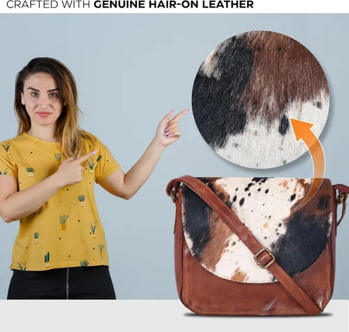 Vista 2 de Bolso bandolera de cuero genuino para mujer con correa ajustable, bolsillo móvil y cremallera exterior e