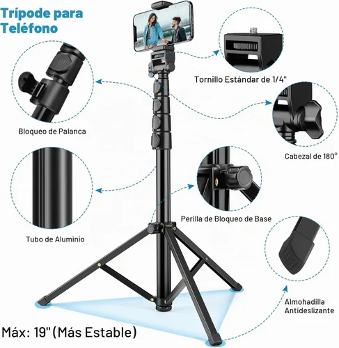 Vista 8 de Victiv - Trípode para teléfono de 1.78 metros (70 pulgadas), trípode para iPhone con control remoto y soporte para teléfono, resistente y estable