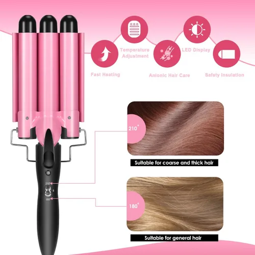 Vista 6 de Varita rizadora de 3 barriles de doble voltaje para rizar el cabello, rizadora de triple barril, 0.984 in, turmalina de cerámica