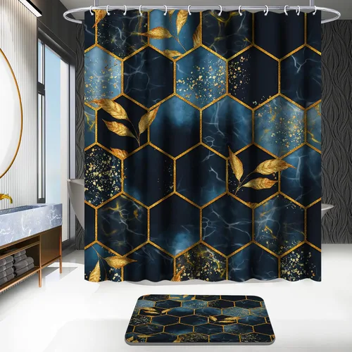 Vista 2 de Poedist Juego de 4 cortinas de ducha de baño, juegos de baño con alfombras (tapete de baño, forma de U y tapa de inodoro) y 12 ganchos, mármol