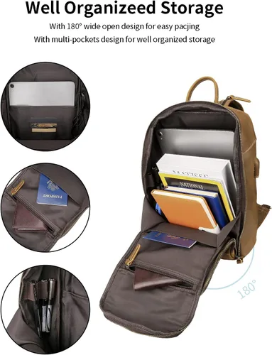 Vista 7 de Bolso de cuero genuino de grano completo vintage para hombres, mini tamaño mediano pequeño, con puerto de carga USB, Medium-camello, Mochilas Sling