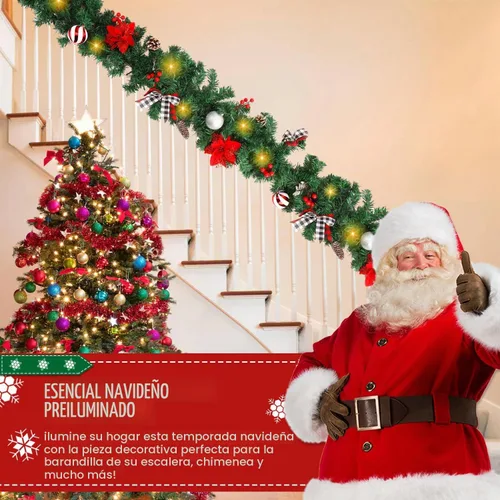 Vista 5 de Guirnalda de Navidad con luces, decoraciones de Navidad preiluminadas de 9 pies con 50 luces LED, con caja de batería impermeable, uso en interiores