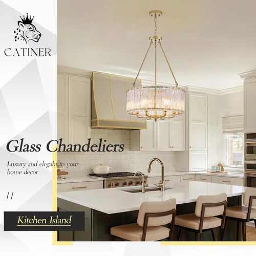 Vista 5 de CATINER Candelabro de cristal de 20 pulgadas, moderno, 6 luces, lámparas de tambor dorado, iluminación colgante de techo de lujo para entrada