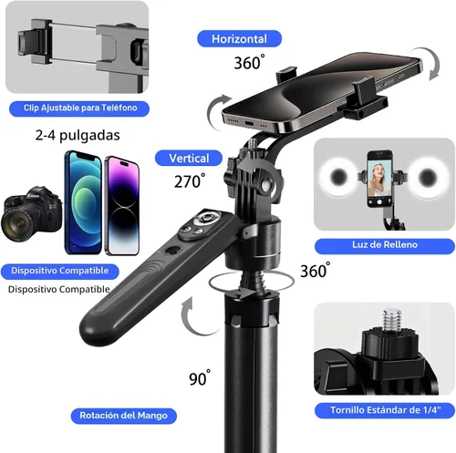 Vista 7 de Trípode para selfie con seguimiento automático de cara para iPhone con luz de rotación de 360° que sigue tu movimiento, trípode para cámara de 70.9