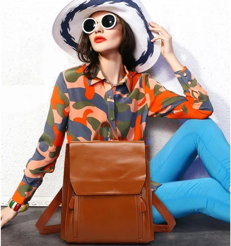 Vista 2 de Dayfine Mochilas vintage para mujer, mochila de cuero de cera de aceite, bolso de mano, bolso de hombro, bolsas casuales para universidad, Marrón
