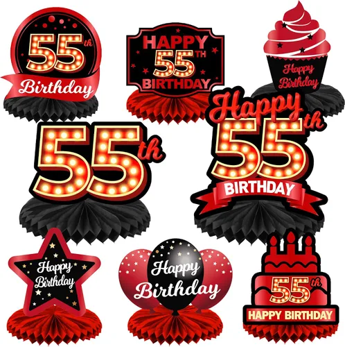Vista 31 de Feliz 45 cumpleaños rojo y negro centros de mesa de panal de abeja decoraciones de globos decoración de mesa centros de mesa para niñas mujeres