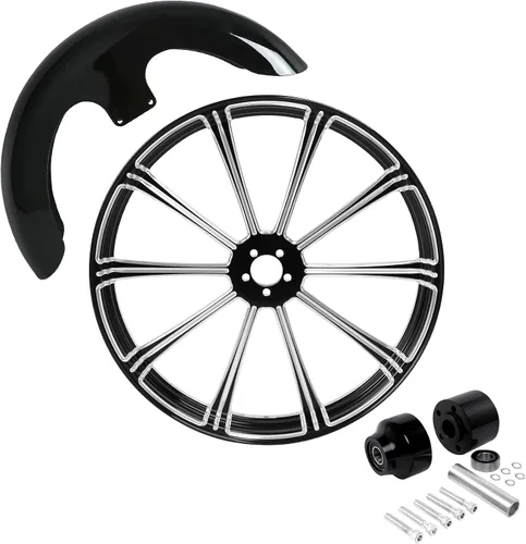 Vista 108 de TCMT Llanta de rueda delantera de 21", buje de rueda de brida de doble disco con guardabarros delantero negro sin pintar, compatible con modelos
