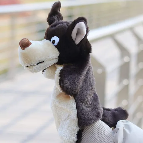 Vista 4 de Marionetas de mano de lobo, juguetes de animales de peluche para imaginativo juego de simulación, cuentos regalos para niños, marrón