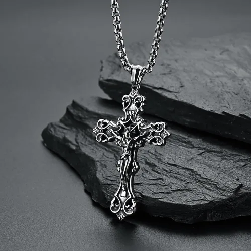 Vista 3 de Collar con colgante de cruz de oración del Señor de acero inoxidable con crucifijo de Jesucristo y versículo bíblico para hombresniñosmujeres