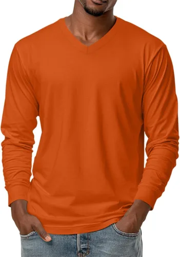 Vista 8 de Camiseta para hombre, manga larga, cuello en V, color liso, informal, básica, suave, elástica, M-3XL
