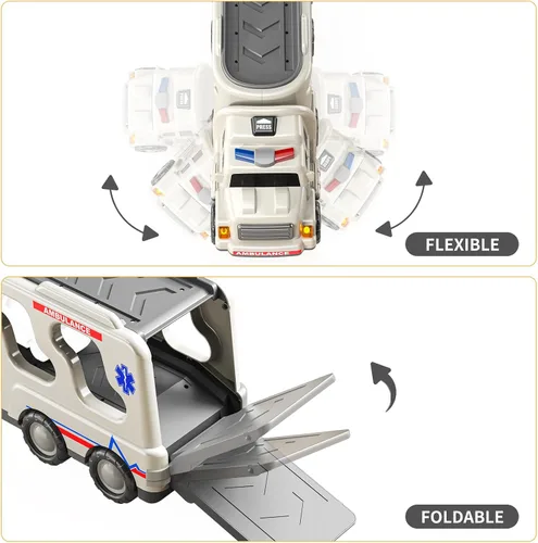 Vista 3 de TEMI Paquete de 5 Vehículos de Ambulancia Camiones de Juguete para Niños Pequeños de 3 4 5 6 Años, Autos Impulsados por Fricción con Helicóptero