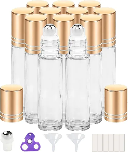 Vista 11 de PrettyCare 4 Pack 10ml Amber Glass Essential Oil Roller Bottles - Roller Ball Applicator, Leakproof Roll on Bottles, Travel Size Containers, Empty