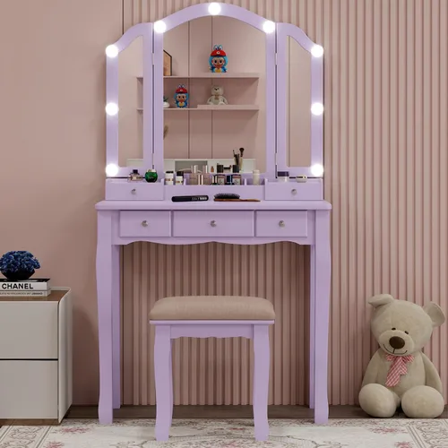 Vista 9 de Escritorio de tocador con espejo y luces de maquillaje con luces mesa con luz tocador de maquillaje con cajones negro juego de tocador para niñas