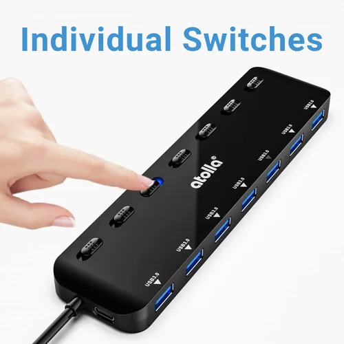 Vista 5 de atolla Divisor de concentrador USB 3.0 de 7 puertos, extensor USB Ultra Slim Data USB Hub con interruptor de alimentación individual y LED