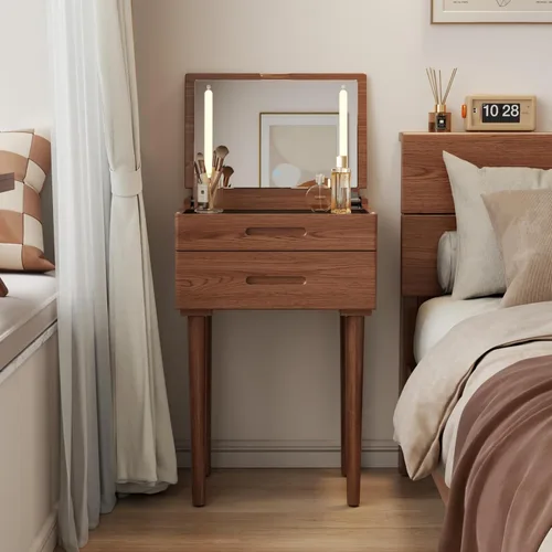 Vista 14 de Muwuele Escritorio pequeño de madera maciza con espejo y luces, tocador de maquillaje estrecho para espacios pequeños, mesa auxiliar de tocador