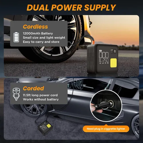 Vista 3 de Compresor de aire inalámbrico portátil, inflador de neumáticos eléctrico de 150 PSI para automóvil, inflado 3 veces más rápido, bomba de aire
