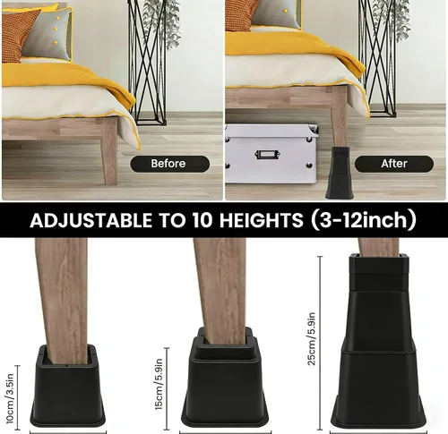 Vista 3 de MYMULIKE Elevadores de cama resistentes, elevadores de muebles ajustables de 12 pulgadas, elevación en alturas de 3,4,5,6,7,8,9,10,11,12 pulgadas