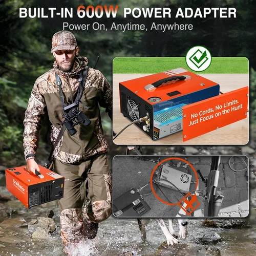 Vista 2 de Compresor de aire PCP 4500PSI/30MPA, bomba de llenado rápido sin aceite de 350W con apagado automático, alimentación dual 12V DC y 110V/220V AC