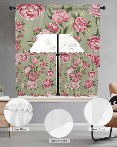 Vista 3 de Juego de cortinas de cocina con festón floral verde salvia, cenefa y nivel, 24 pulgadas de largo, diseño retro de flores rosa pastel, cortinas